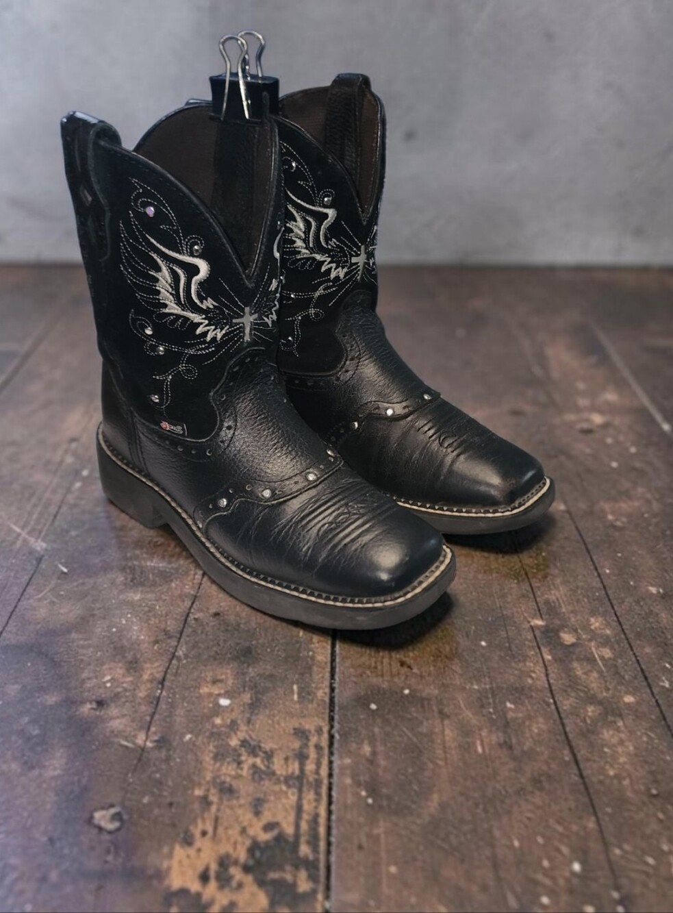 Women Vintage Leather Black Cowboy Boots By Justin Size 7.5B